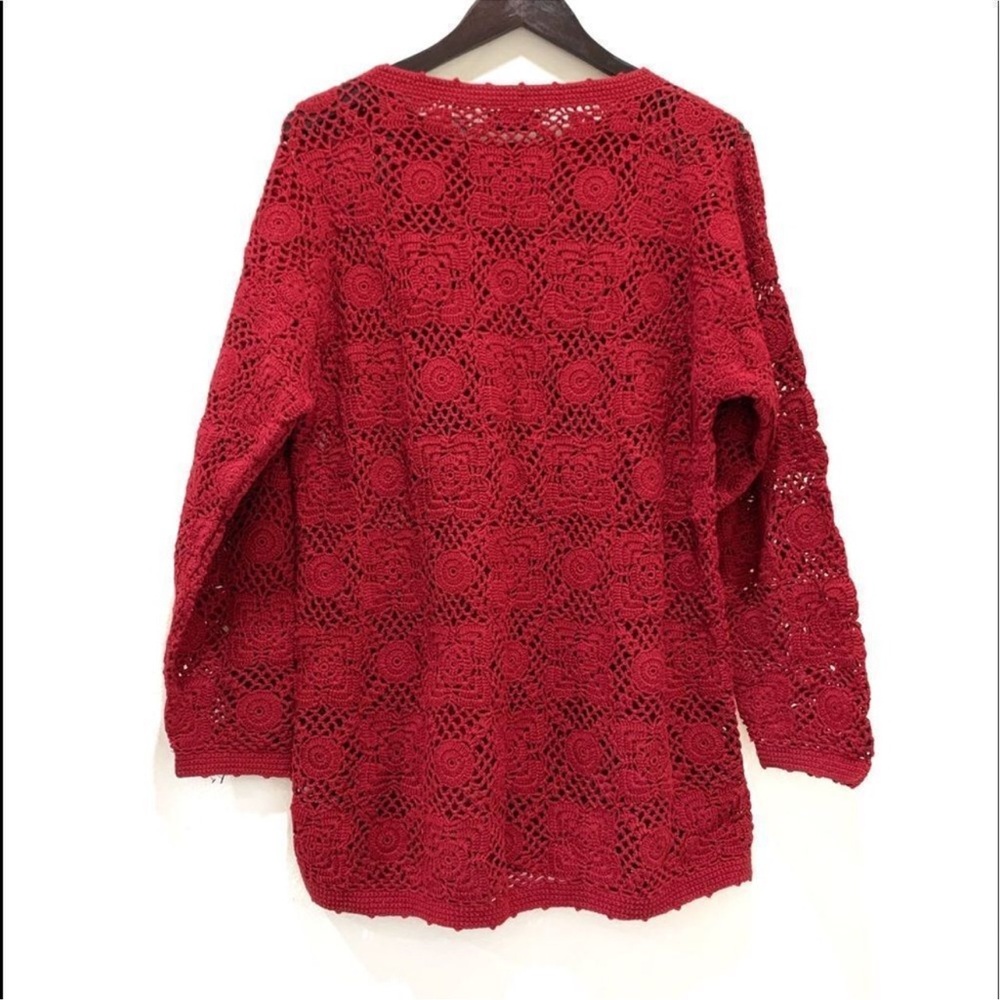 Vintage Y2K 90s Bohemian Burgundy Wine Crochet Tunic Sweater - Picture 12 of 14